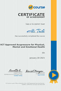Mom diplôme en accupressure accredité par the international institute for complimentary therapy au united kingdom .Cette formation a profondément contribué à l amélioration des services offerts à mes clients puisque le stresse et Les perturbations émotionnels impactent négativement la transformation physique ,ainsi je peux minimiser l 'impact des contraintes de vies émotionnels sur la progression de mes clients